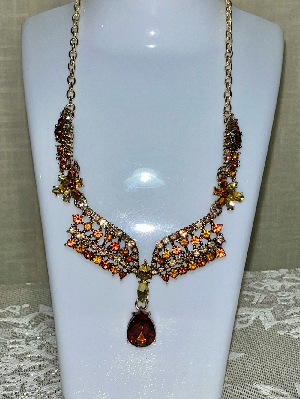 Fall Splendor Gold-Tone Amber Rhinestone Statement Necklace NWT
